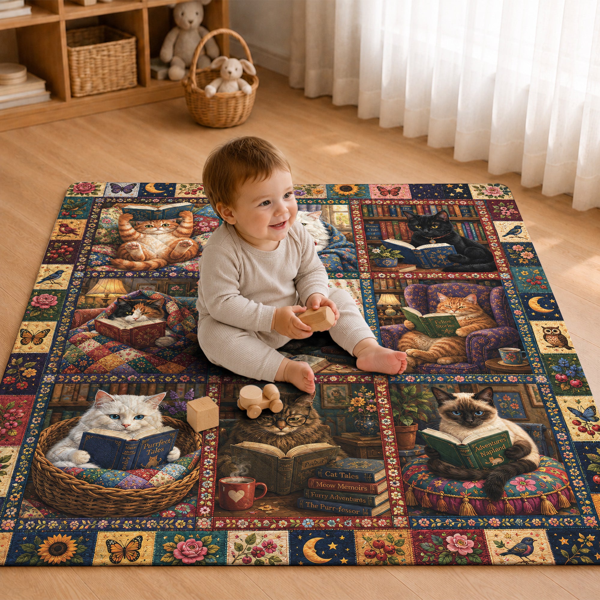 Cat Lover Quilted Blanket, Floral Patchwork, Book Lover Gift