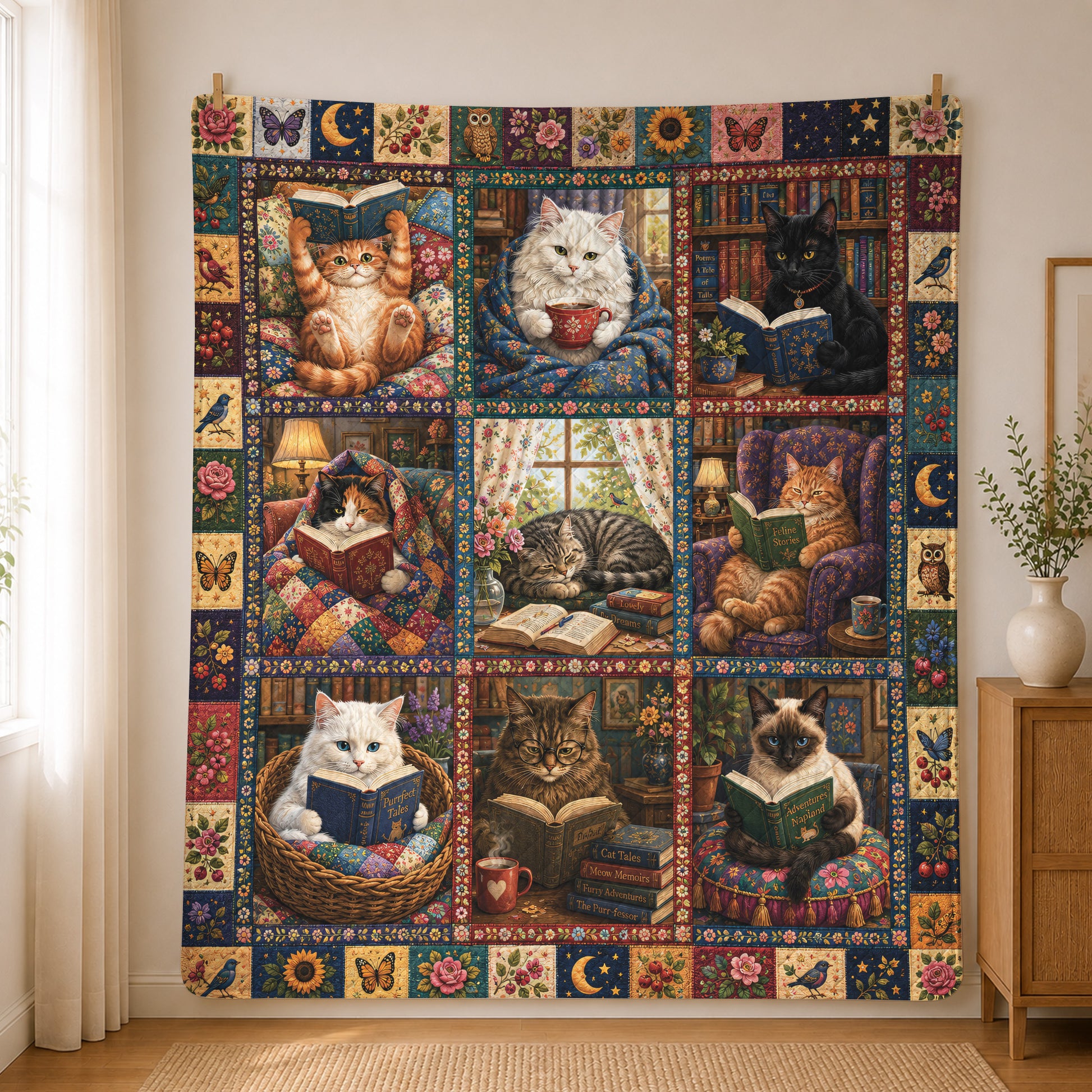 Cat Lover Quilted Blanket, Floral Patchwork, Book Lover Gift