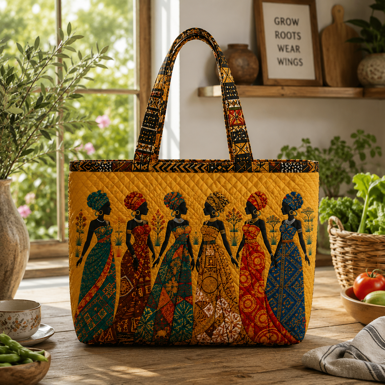 African Art Quilted Tote Bag with Soulbound Roots Design for Women Who Celebrate Culture and Heritage