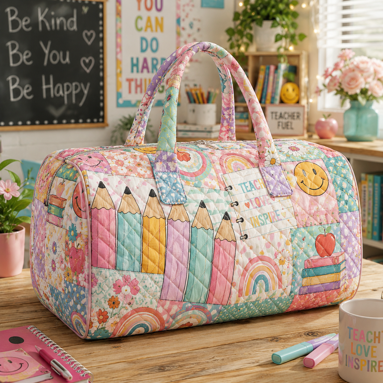 Pastel Teacher Quilted Weekender Bag, Educator Gift for Women