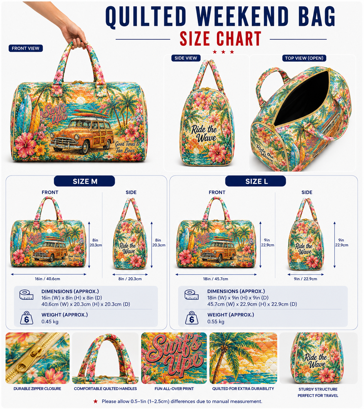 Tropical Beach Quilted Weekender Bag, Floral Vacation Tote, Travel Gift