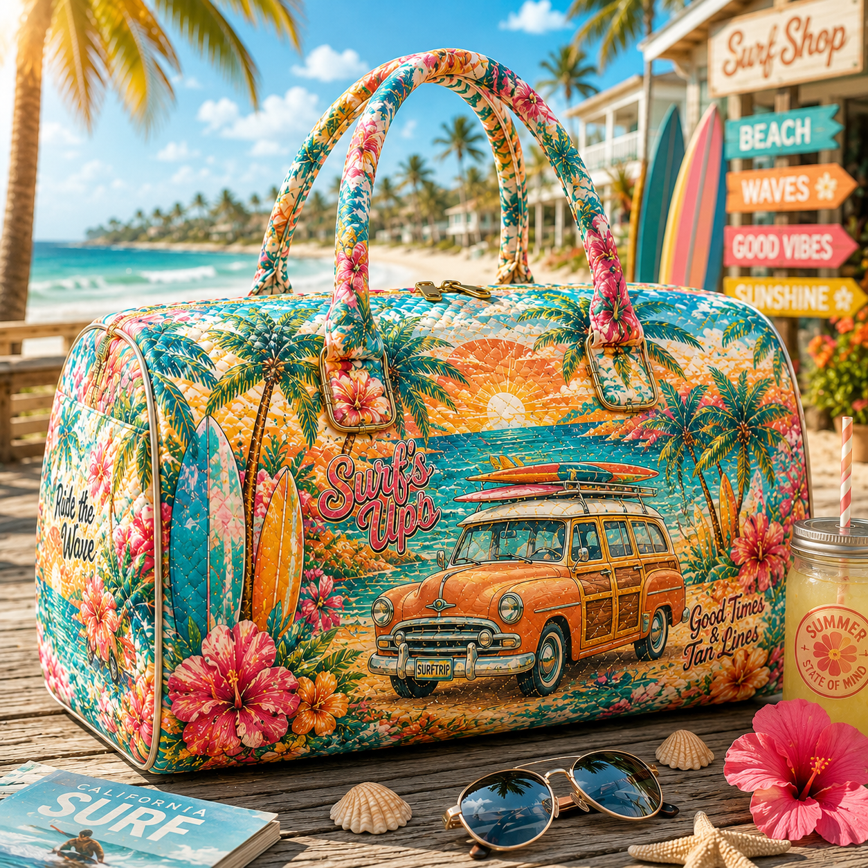Tropical Beach Quilted Weekender Bag, Floral Vacation Tote, Travel Gift