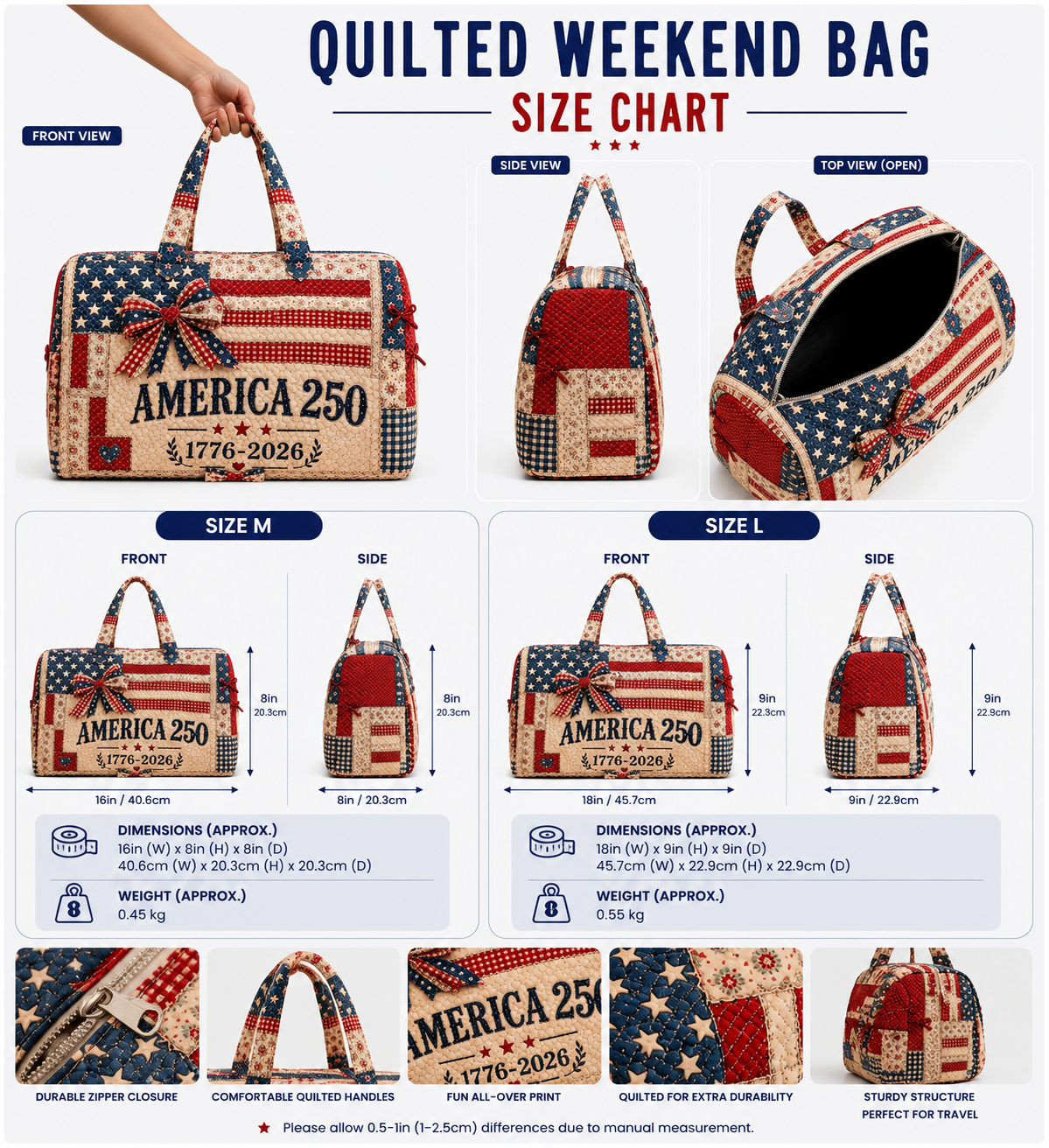 America Quilted Weekender Bag, Patriotic USA Travel Duffel, Gift for Her
