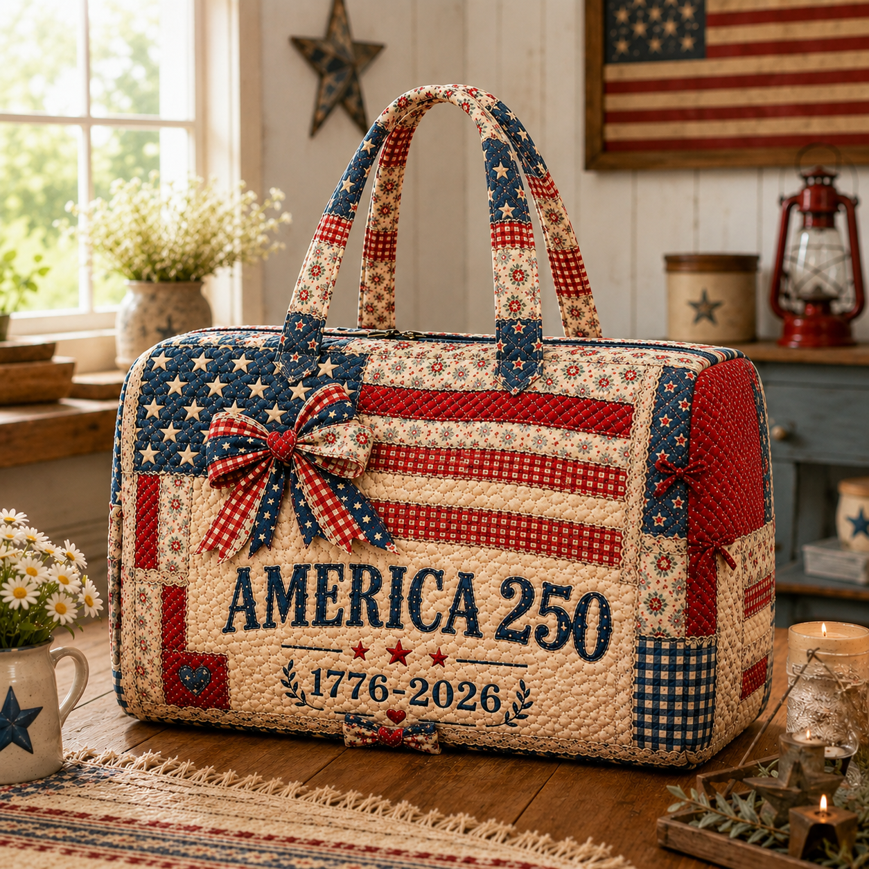 America Quilted Weekender Bag, Patriotic USA Travel Duffel, Gift for Her