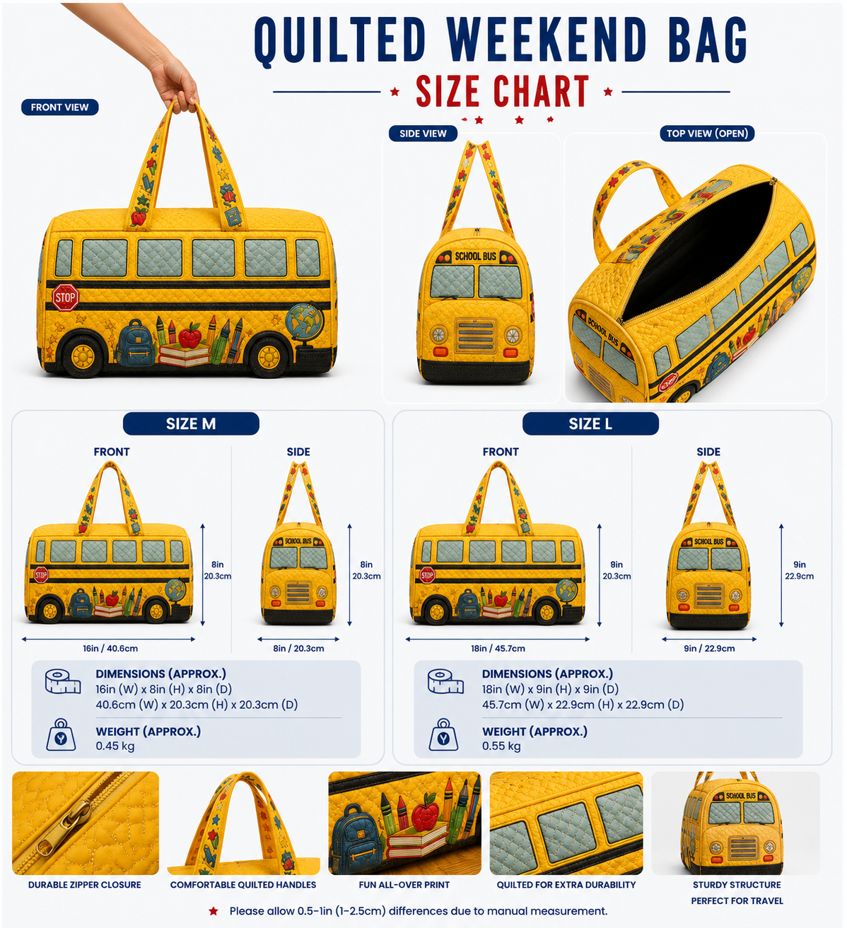 School Bus Quilted Weekender Bag, Teacher Travel Duffel, Gift