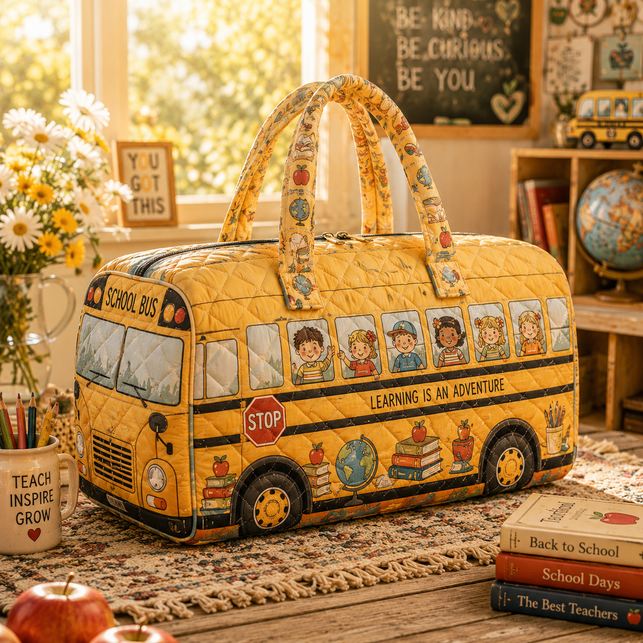 School Bus Quilted Weekender Bag, Teacher Travel Duffel, Gift