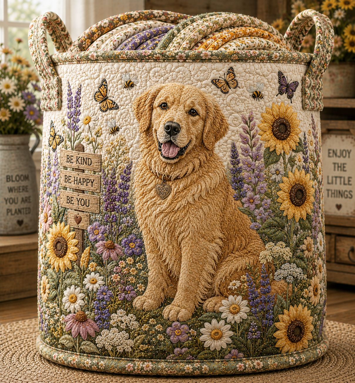 Golden Retriever Wildflower Quilted Laundry Bag, Dog Lover Gift