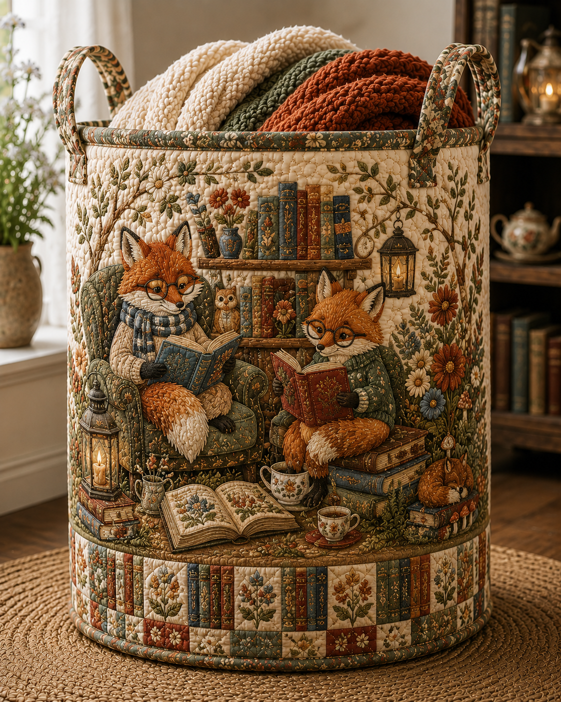 Reading Fox Quilted Laundry Bag, Cottagecore Book Lover Hamper