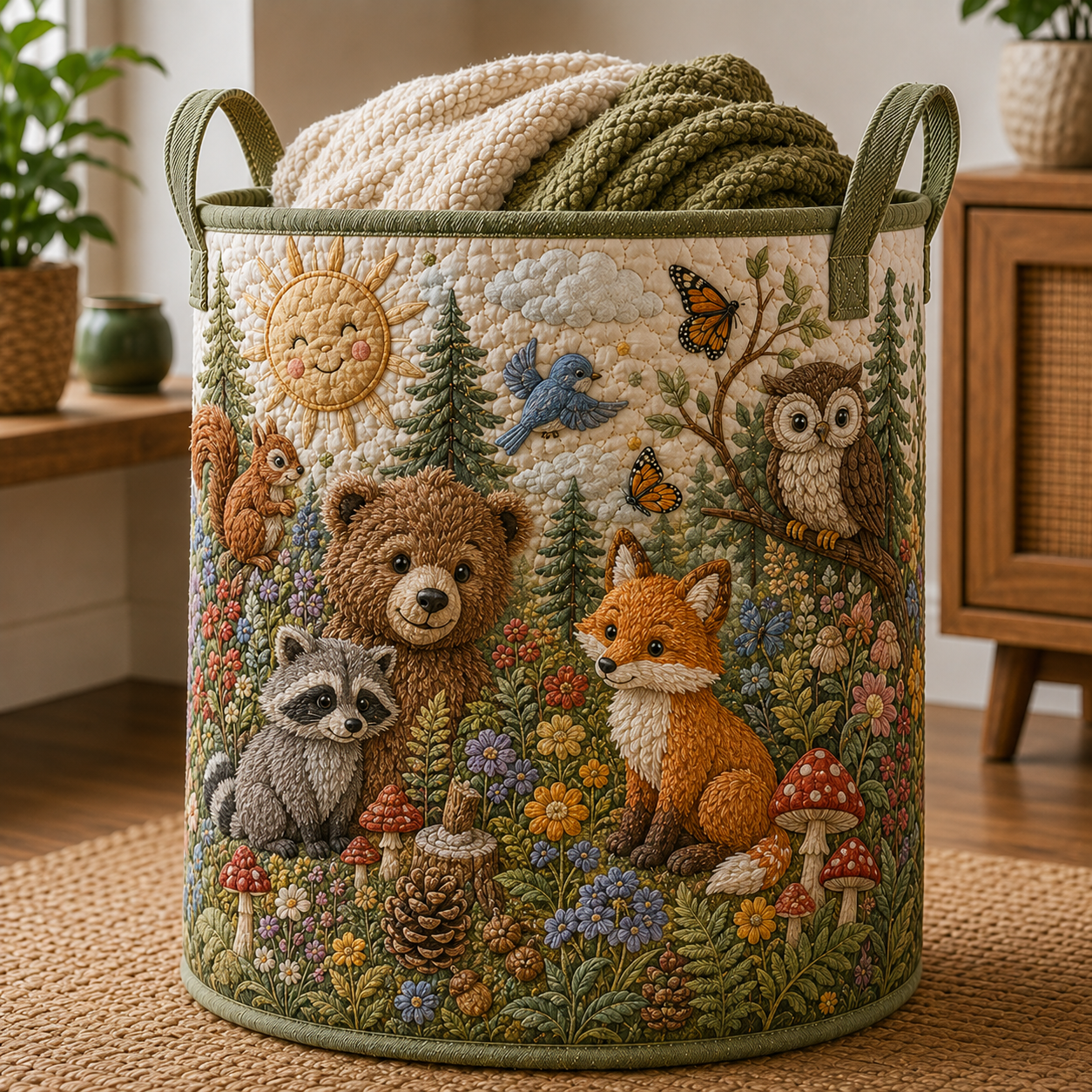 Woodland Animals Quilted Laundry Basket, Forest Nursery Hamper