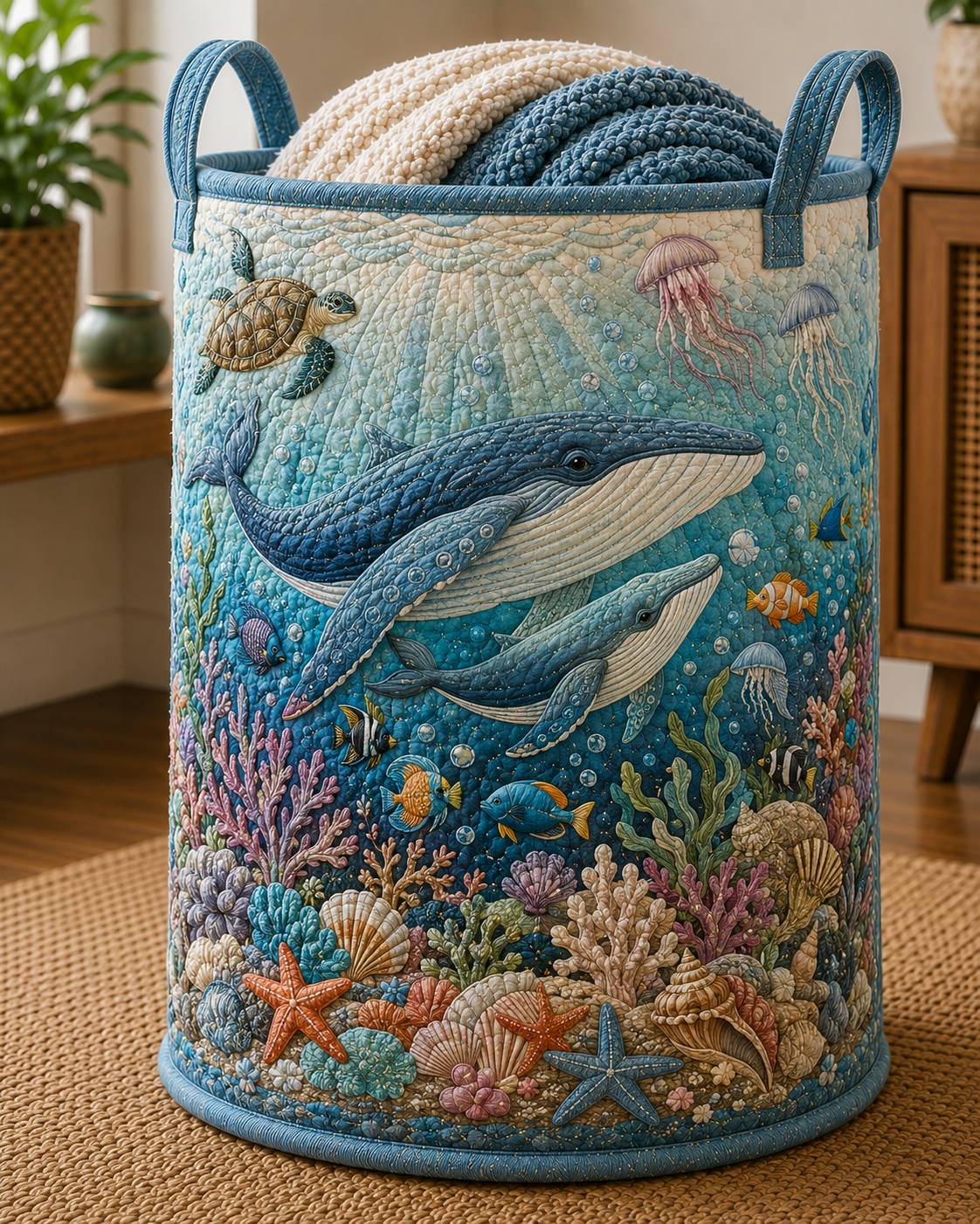 Quilted Ocean Whale Laundry Basket, Coastal Beach Decor Gift