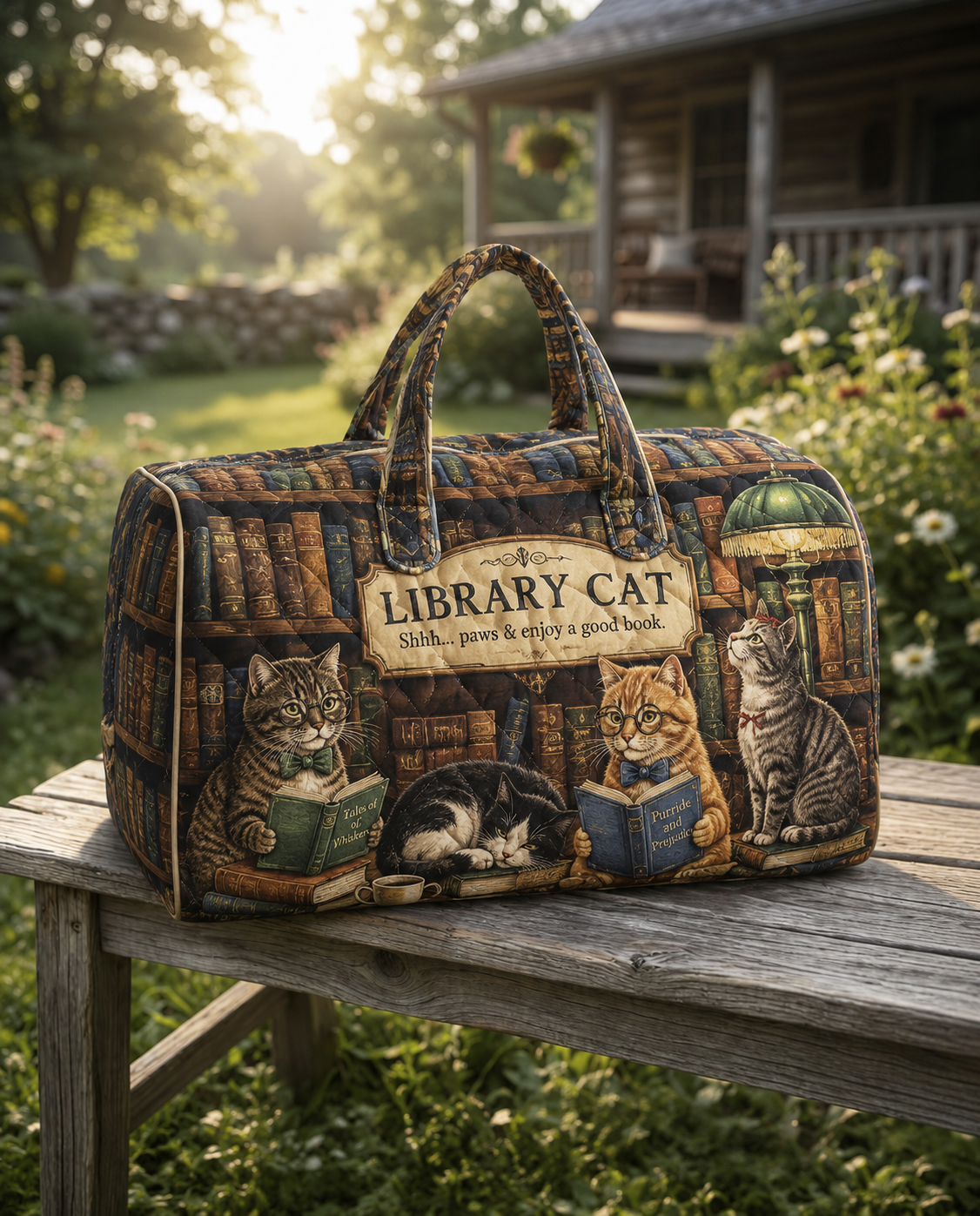 Library Cat Quilted Weekend Bag, Book Lover Travel Gift, Tote
