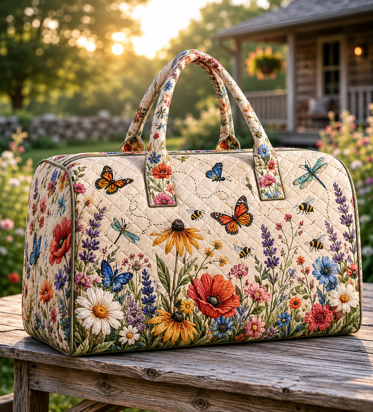 Wildflower Butterfly Quilted Bag, Floral Duffel, Nature Gift