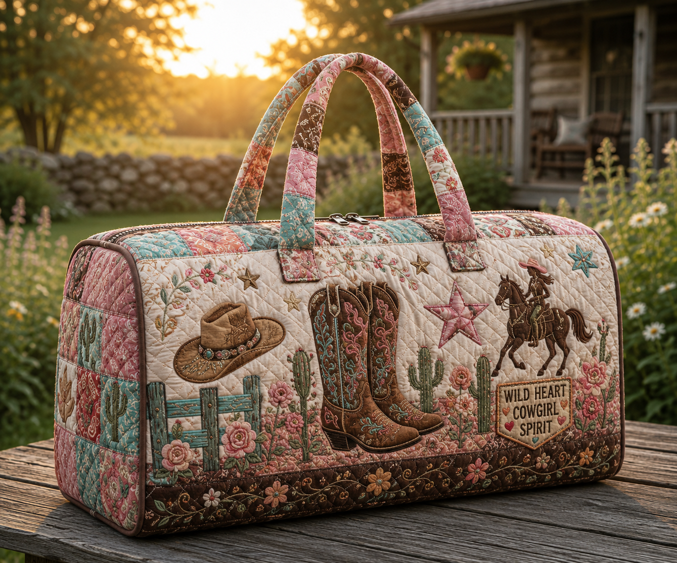 Western Cowgirl Quilted Weekend Bag, Rodeo Boots Hat, Travel