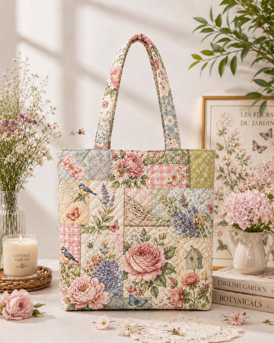 Cottage Garden Quilted Tote, Floral Patchwork Market Bag, Gift for Her