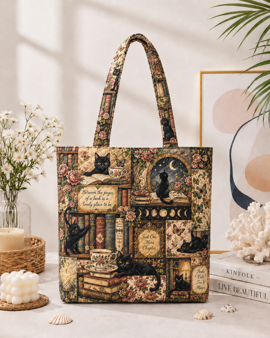 Black Cat Quilted Tote Bag, Book Lover Cottagecore, Gift for Her