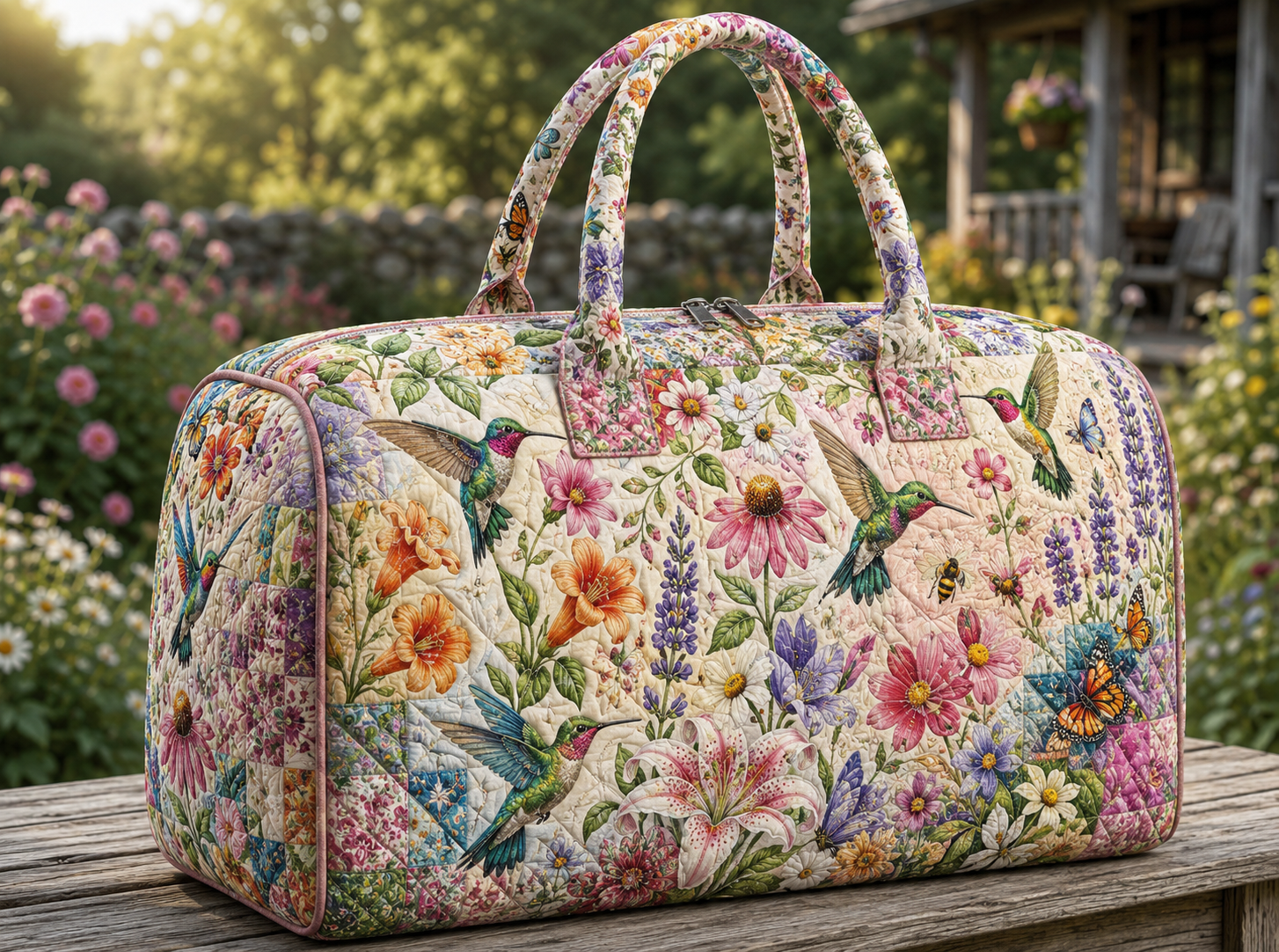 Hummingbird Quilted Weekend Bag, Floral Patchwork Duffel, Gift for Her