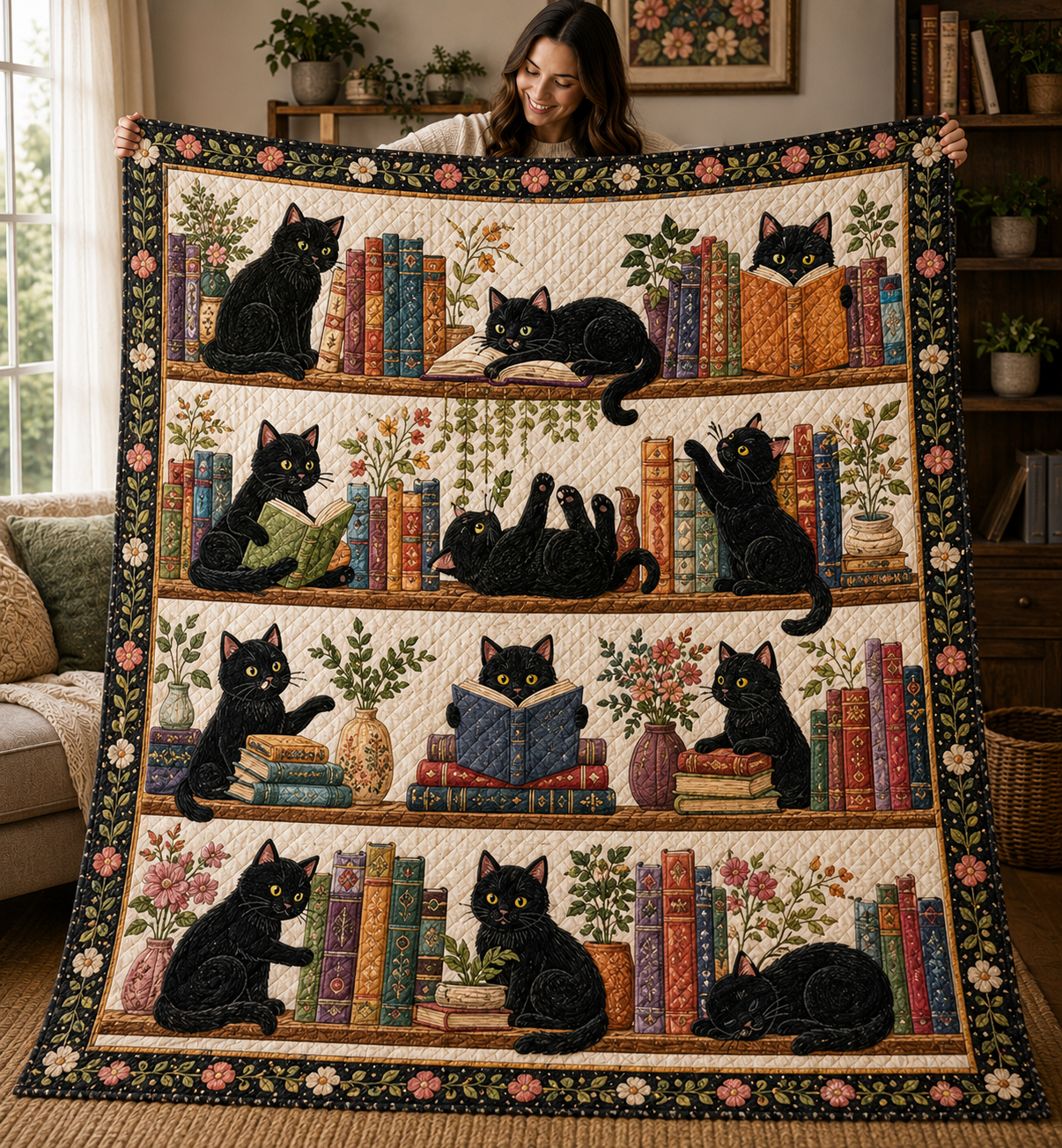 Black Cat Quilt Blanket, Book Lover Throw, Library Decor, Literary Gift