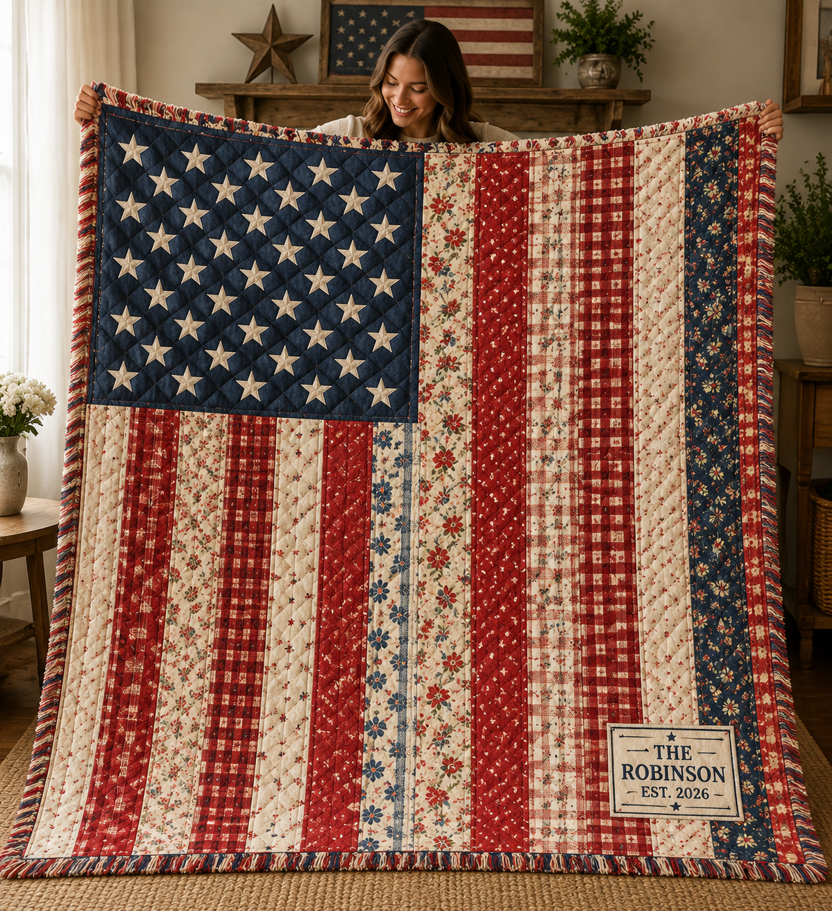 Retro American Flag Quilt, Patriotic Floral Farmhouse Throw, USA