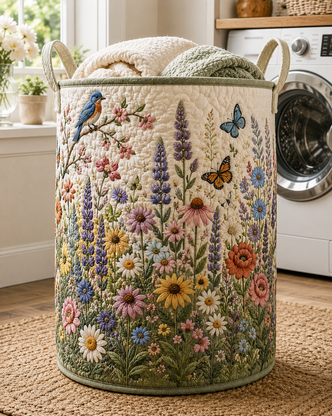 Floral Quilted Laundry Bag, Wildflower Butterfly, Farmhouse Decor