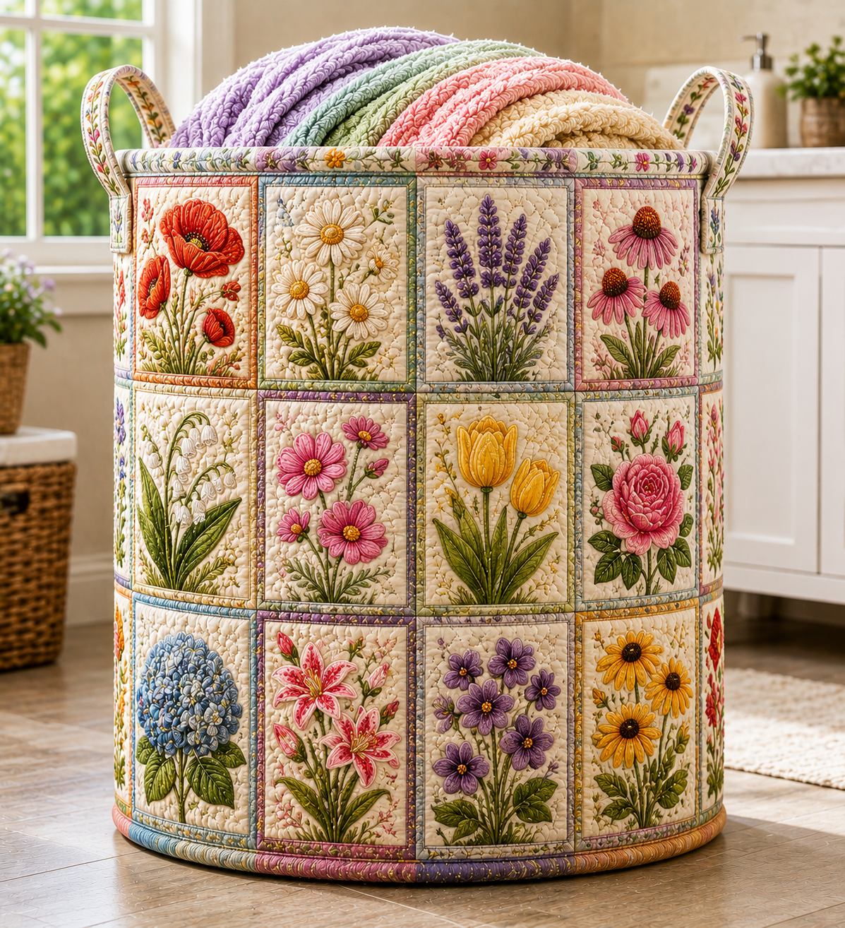 Floral Patchwork Quilted Laundry Basket, Botanical Hamper, Gift for Her