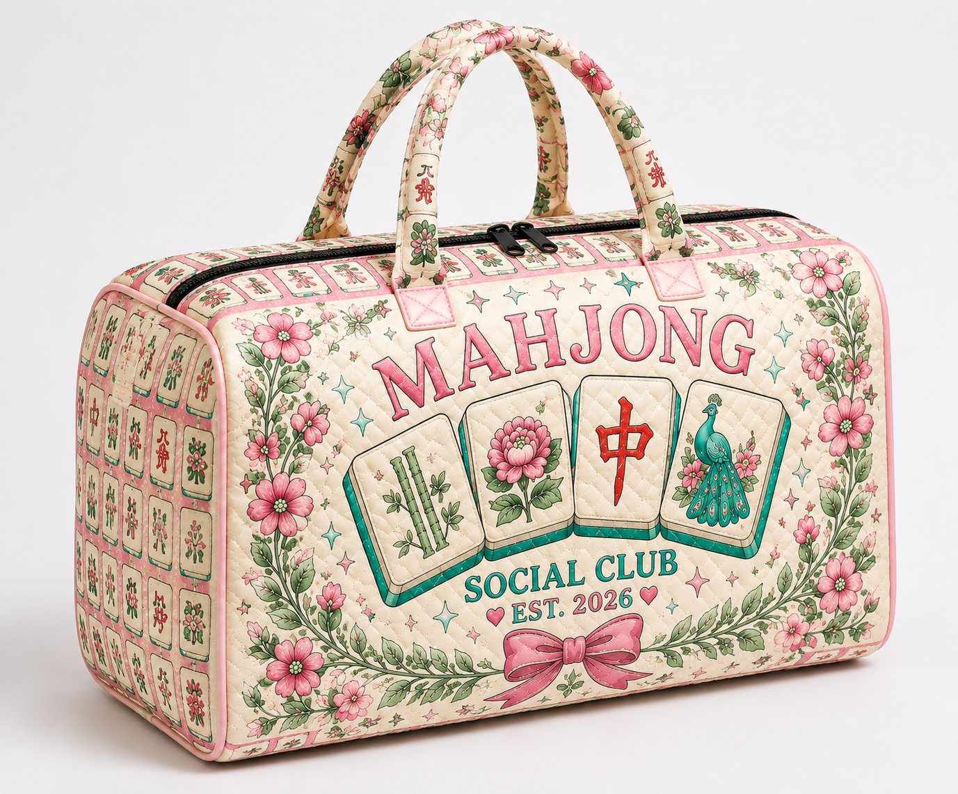 Mahjong Quilted Weekend Bag, Floral Tile Travel Tote, Gift for Her