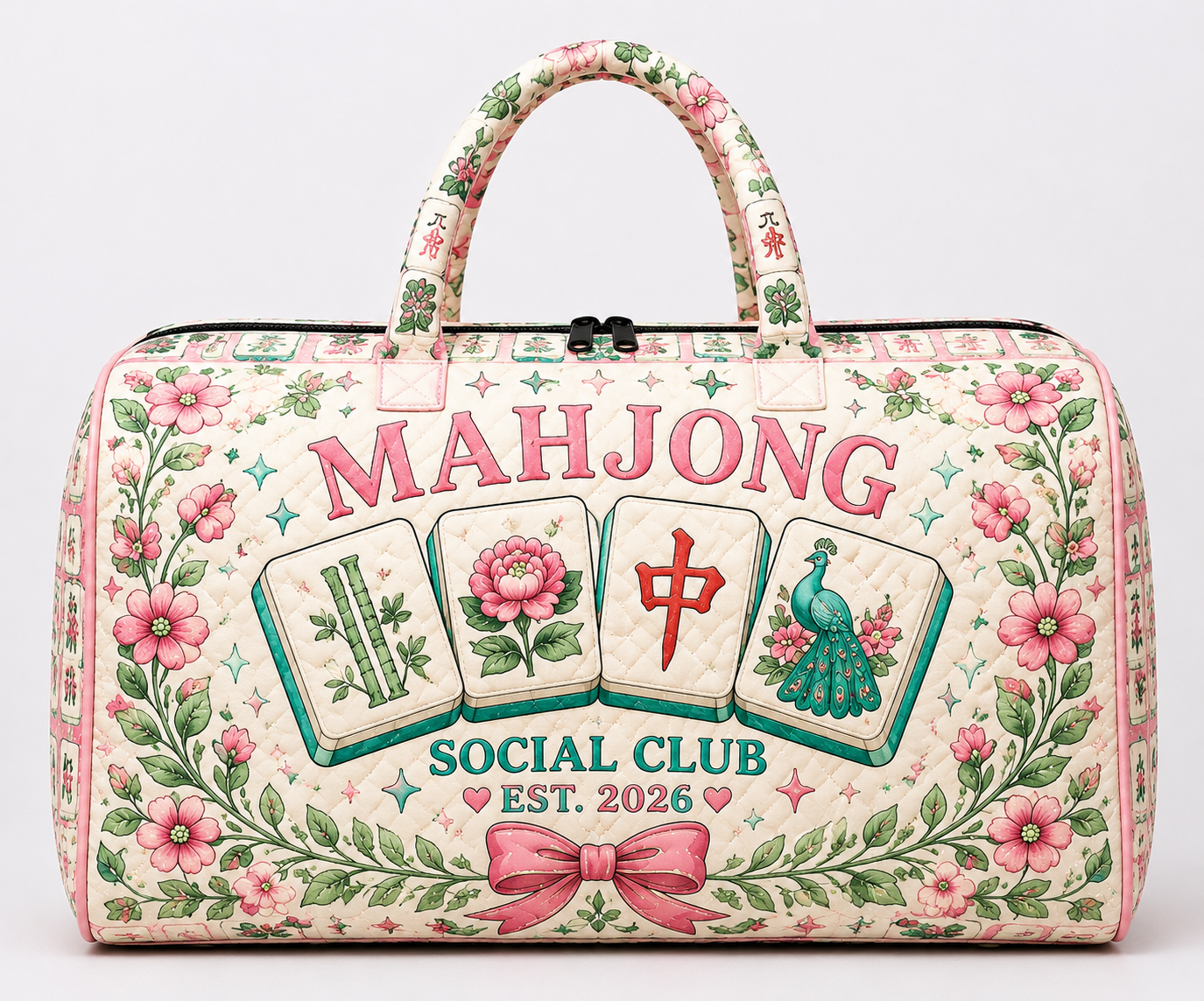 Mahjong Quilted Weekend Bag, Floral Tile Travel Tote, Gift for Her