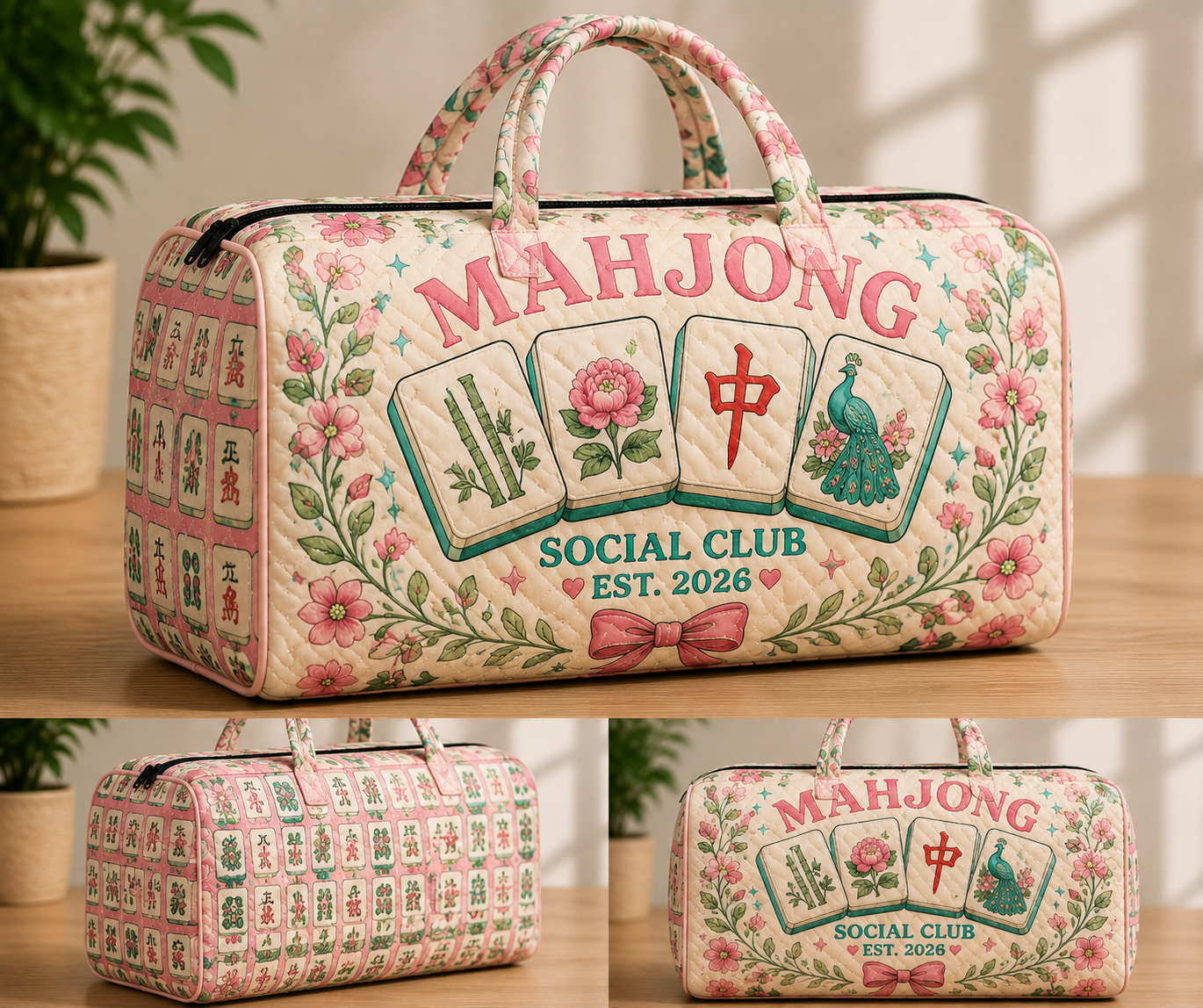 Mahjong Quilted Weekend Bag, Floral Tile Travel Tote, Gift for Her