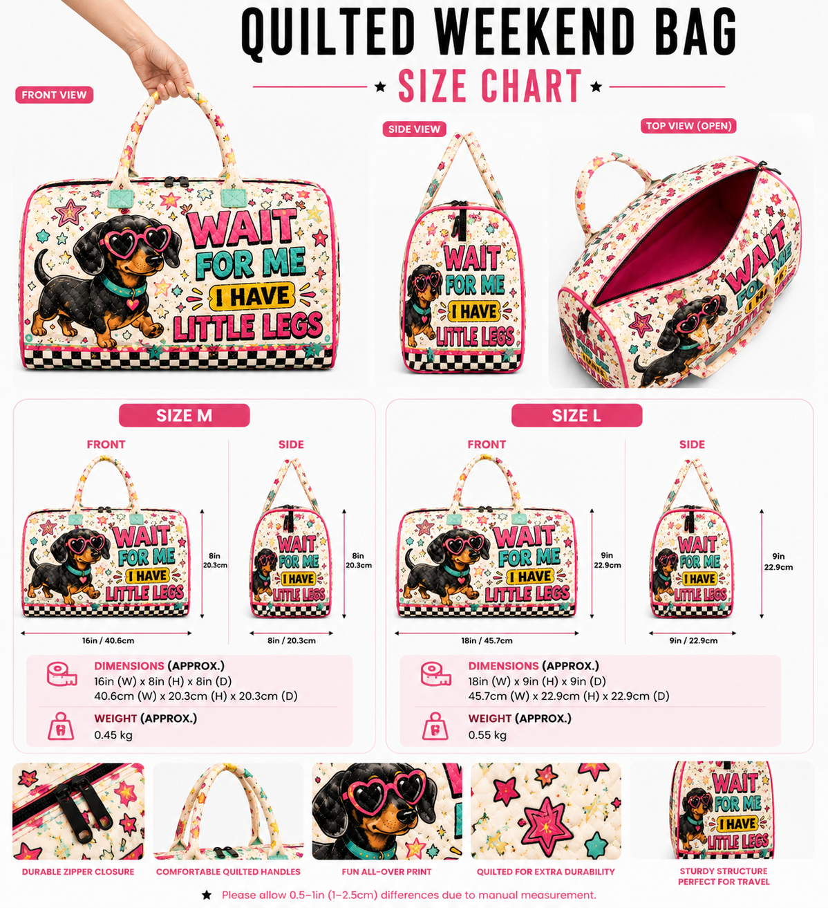 Dachshund Quilted Weekend Bag, Wiener Dog Travel Tote, Gift for Her