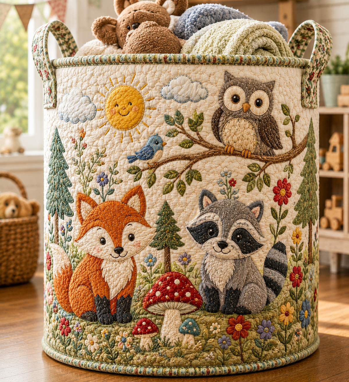 Woodland Animals Quilted Laundry Bag, Fox Owl Forest, Kids Room Decor