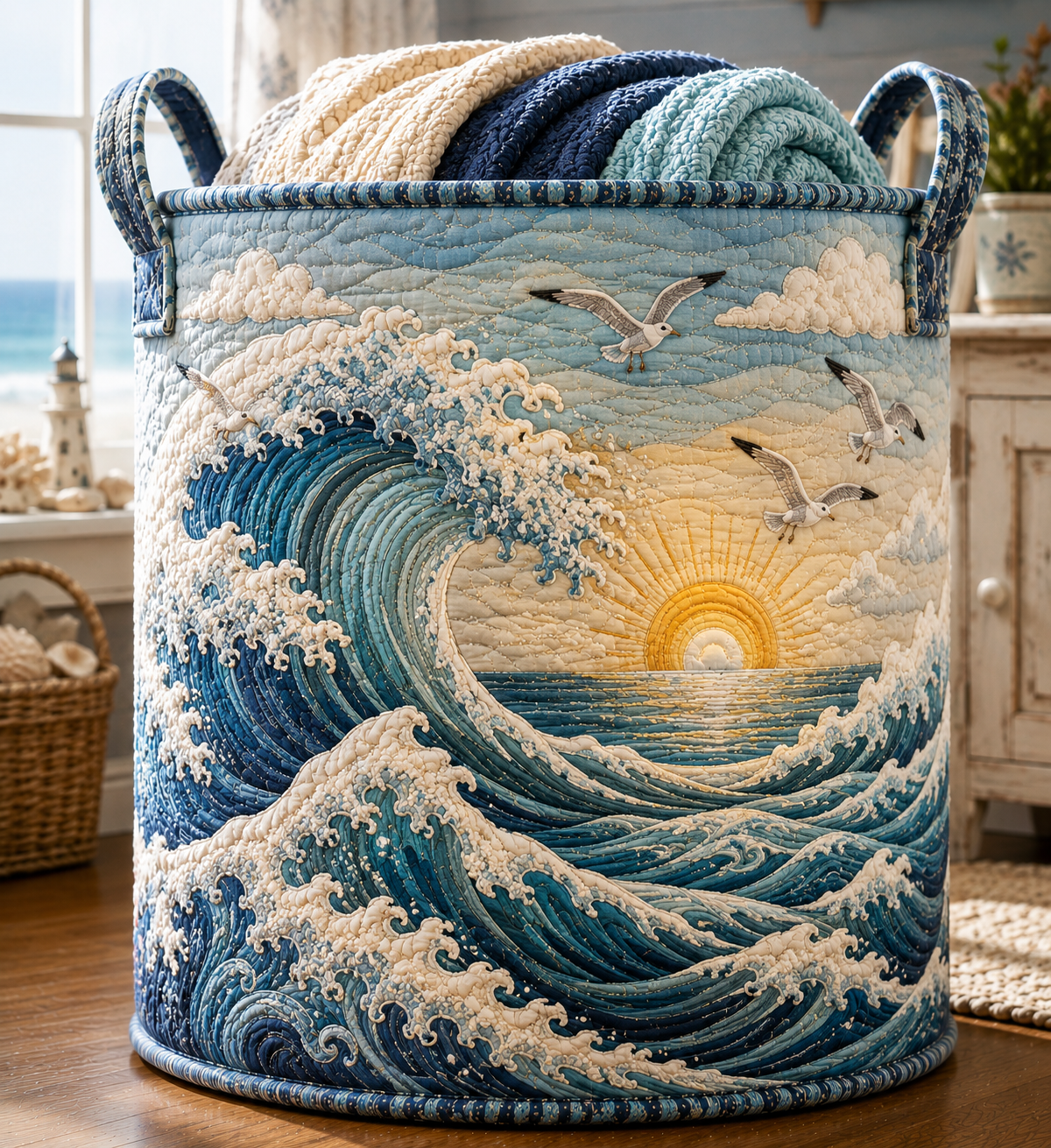 Ocean Wave Quilted Laundry Basket, Coastal Hamper, Nautical Gift
