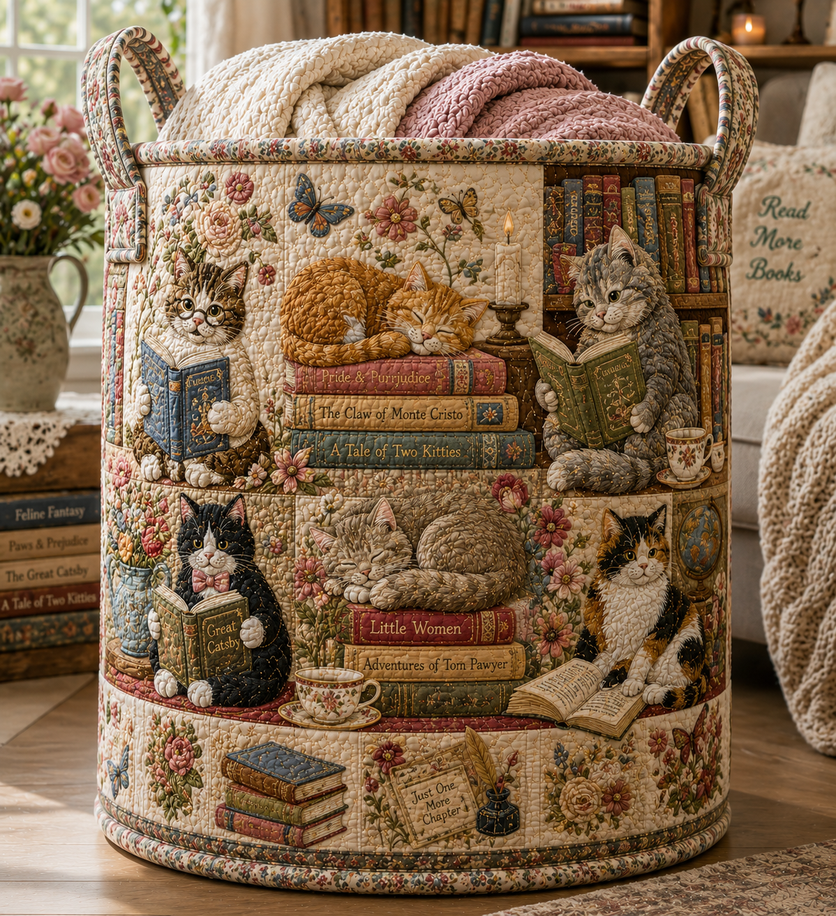 Cat Book Lover Quilted Laundry Bag, Cottagecore Reader Gift, Home
