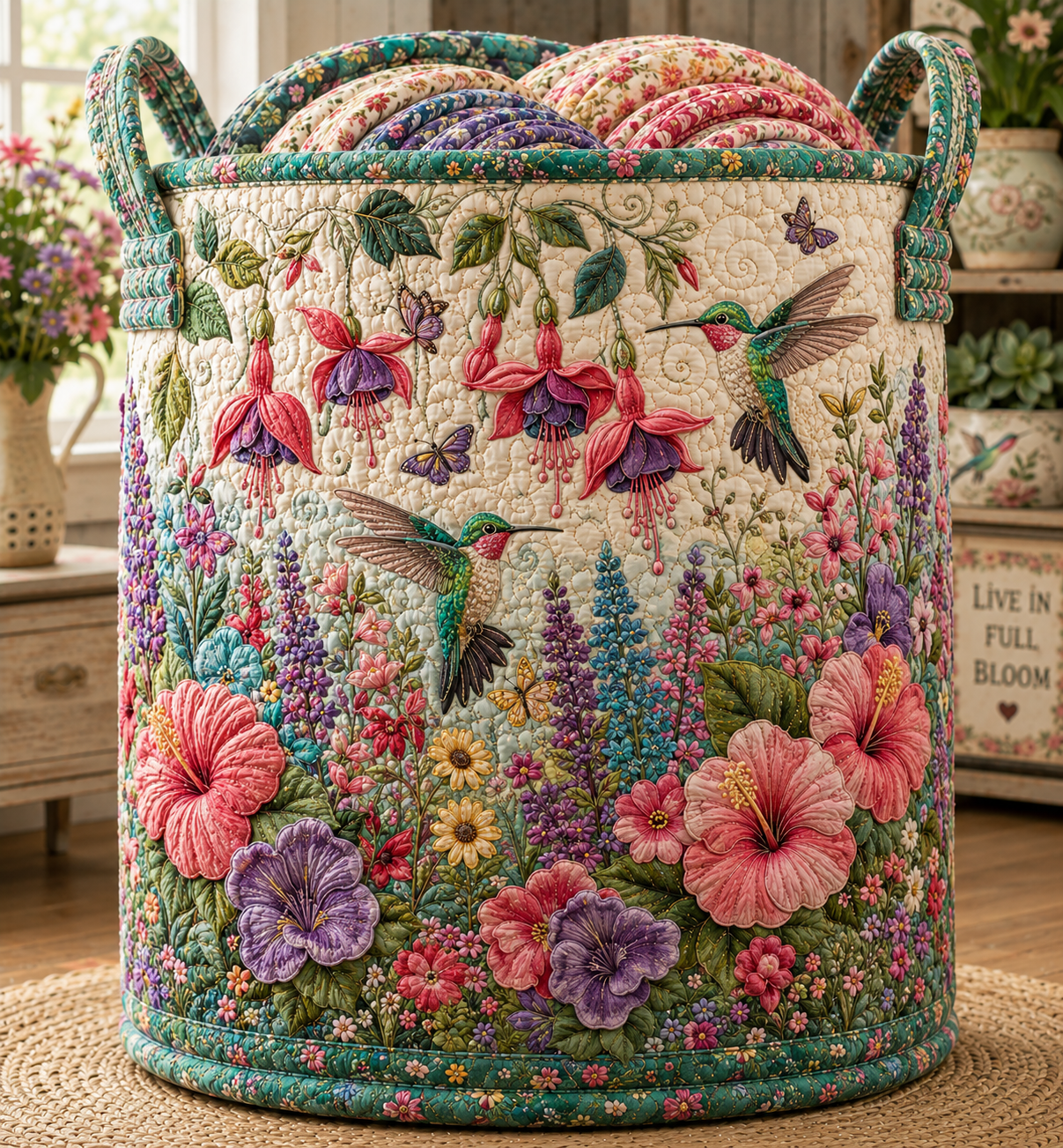 Hummingbird Quilted Laundry Basket, Tropical Fuchsia Hamper, Cottagecore