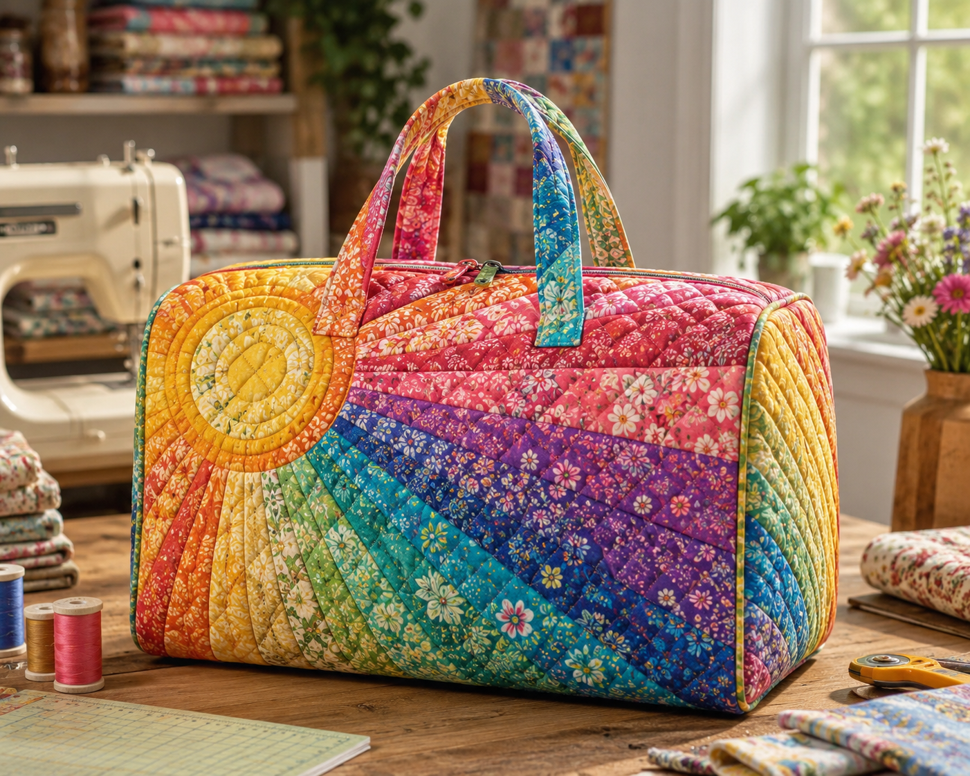 Rainbow Sunburst Quilted Weekend Bag, Patchwork Duffle, Quilter Gift