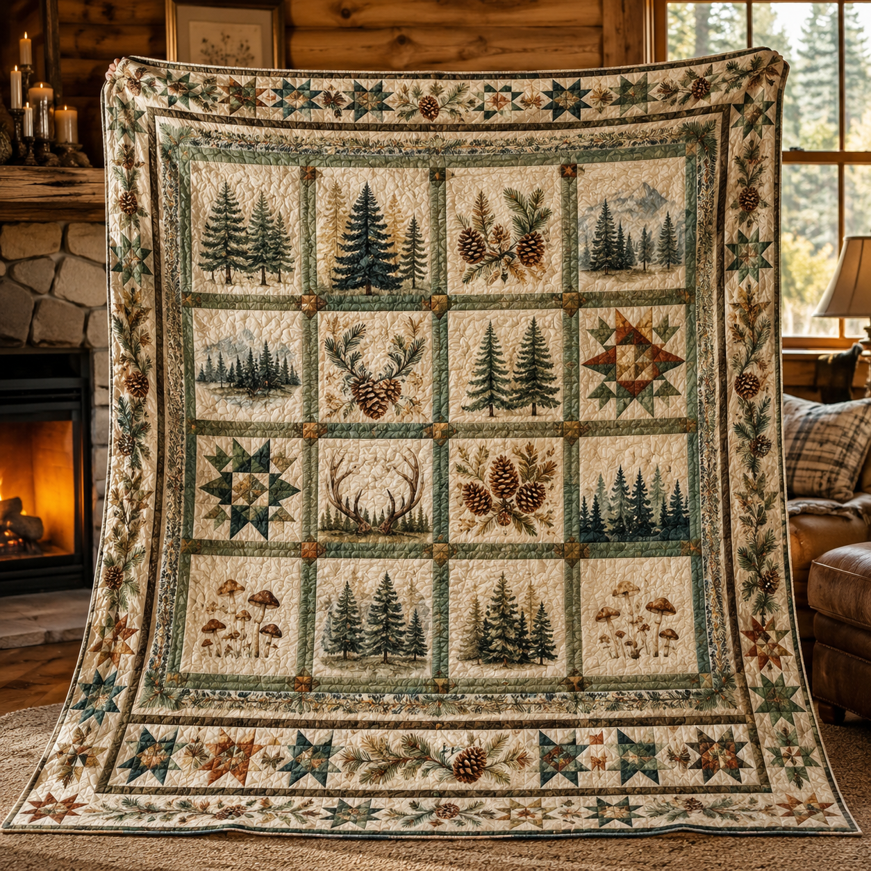Rustic Forest Quilt Blanket, Pine Tree Cabin Bedding Throw, Lodge Decor