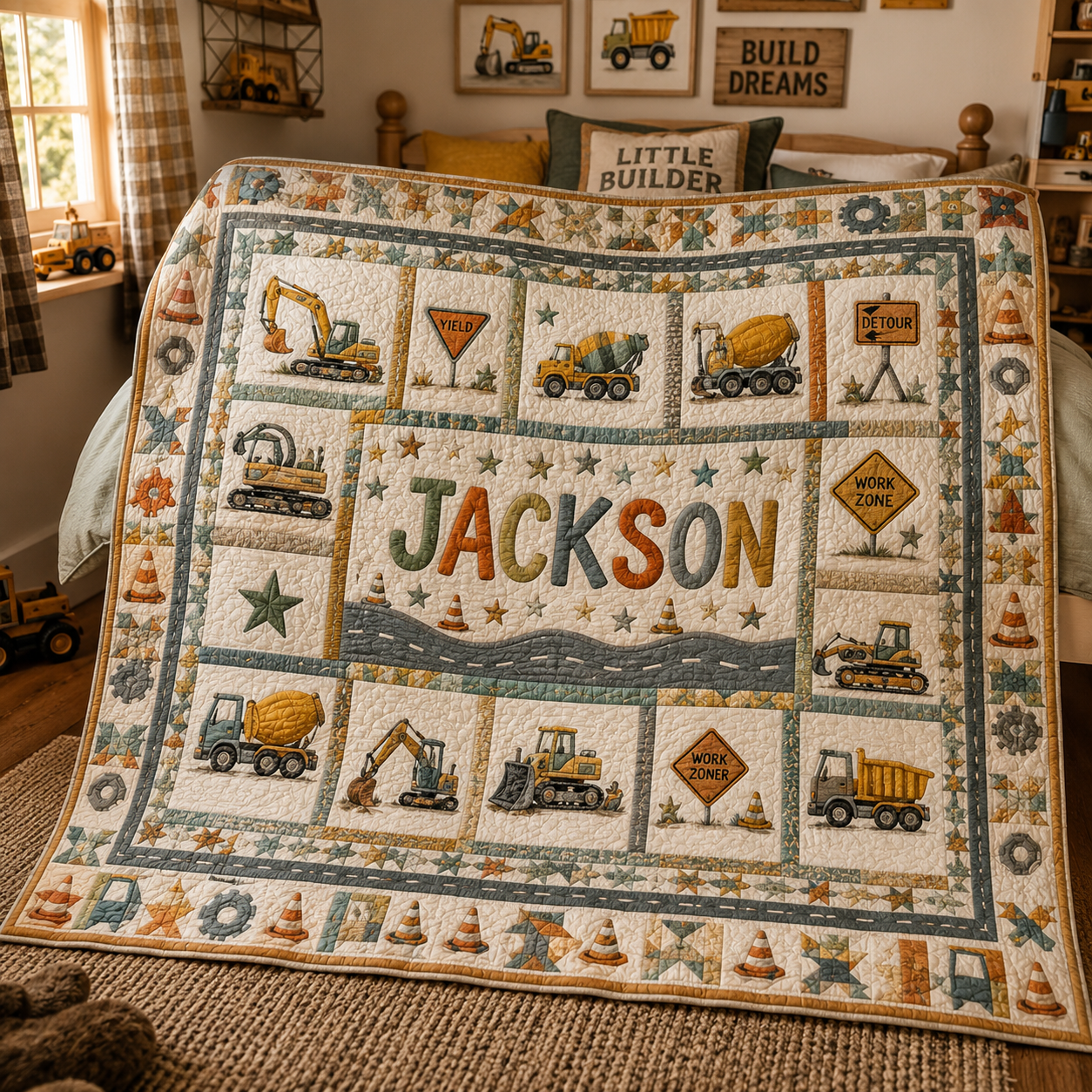 Personalized Construction Quilt, Custom Name Kids Bedding, Boy Gift