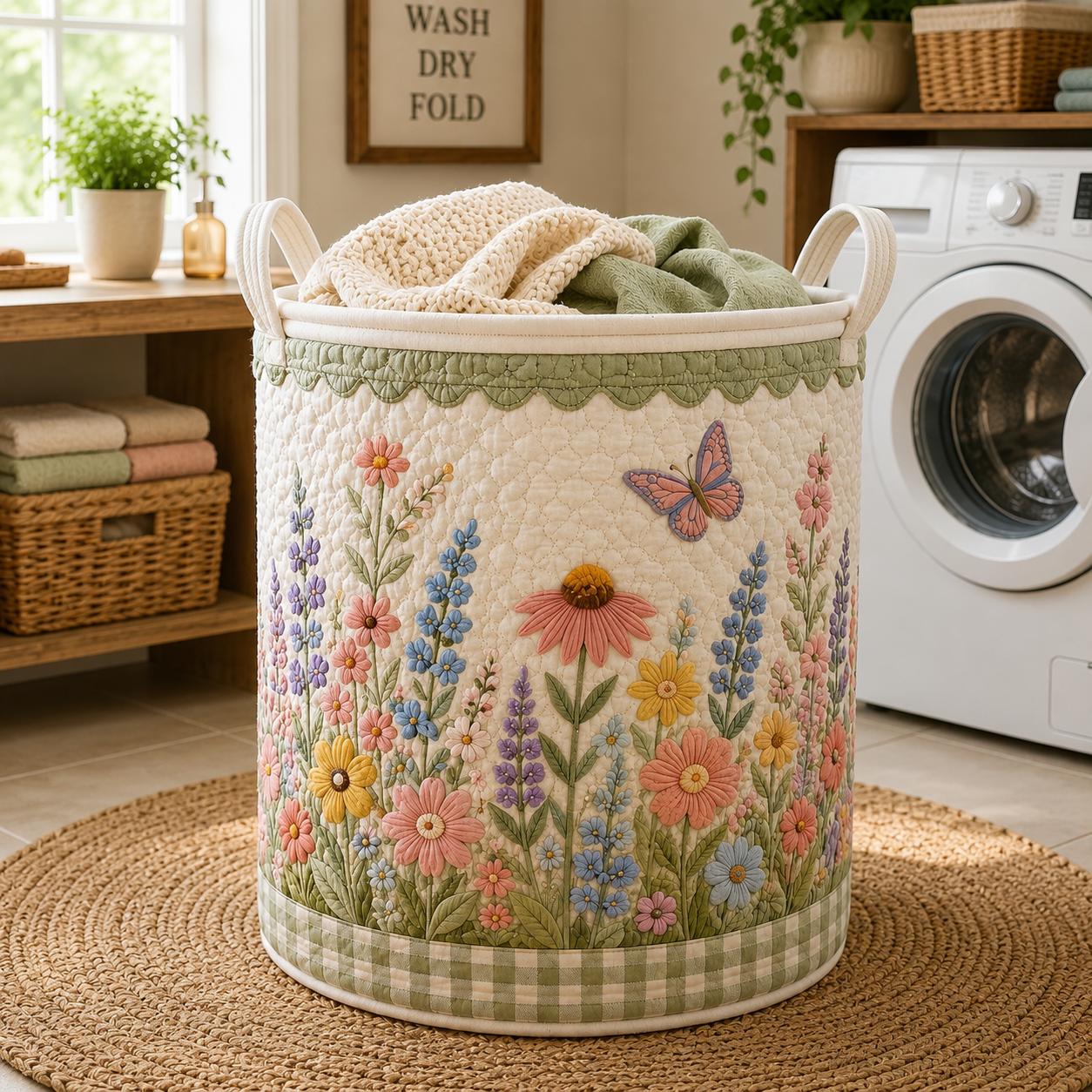 Spring Wildflower Quilted Laundry Basket, Cottagecore Gift for Grandma