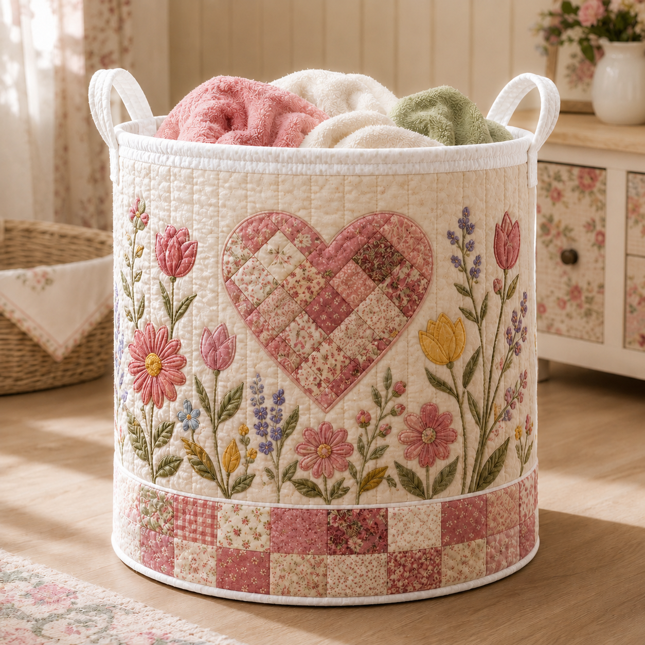 Heart Patchwork Quilted Laundry Bag, Cottagecore, Pink Floral