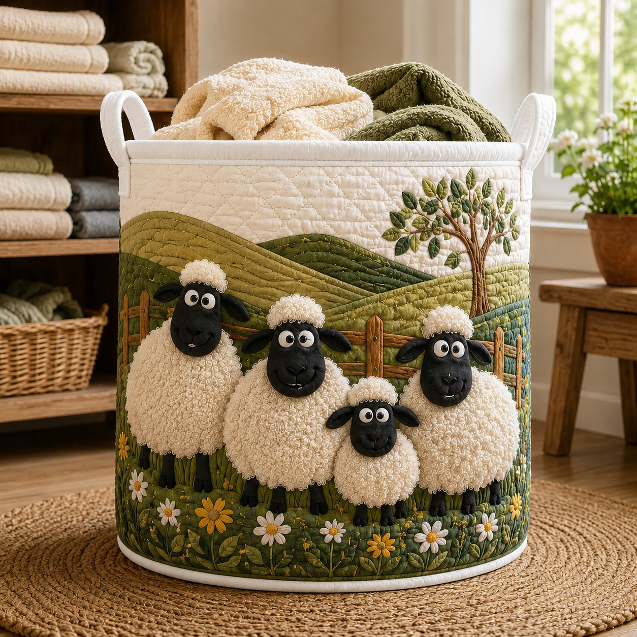 Sheep Heaven Quilted Laundry Basket, Rustic Farmhouse Hamper