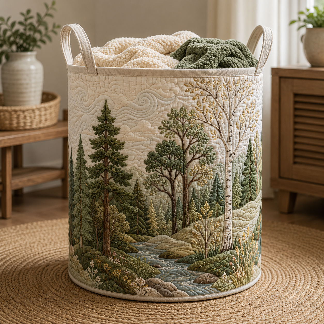Woodland Forest Quilted Laundry Basket, Rustic Cabin Decor, Nature Hamper