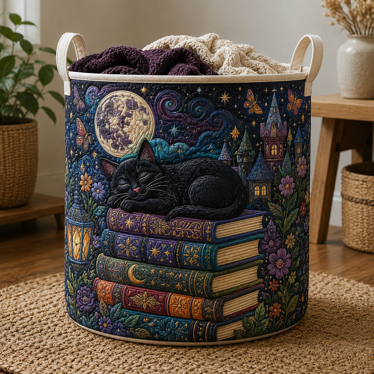Black Cat Quilted Laundry Basket, Dark Academia Hamper, Gothic Decor