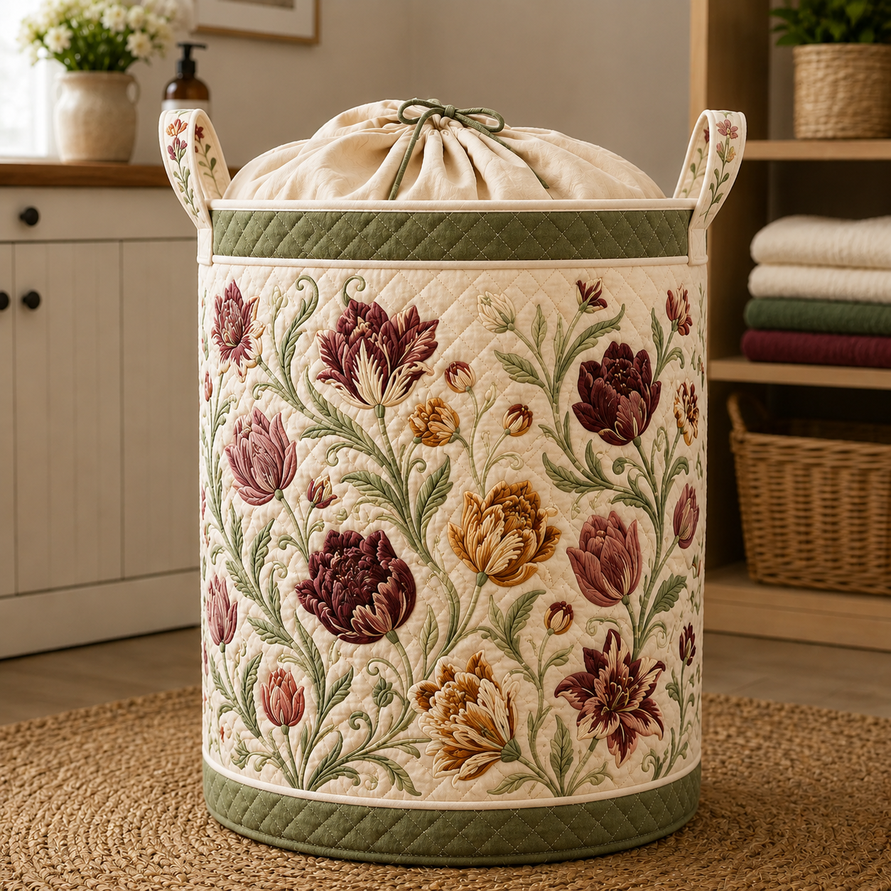 Floral Quilted Laundry Basket, Cottagecore Clothes Hamper, Boho