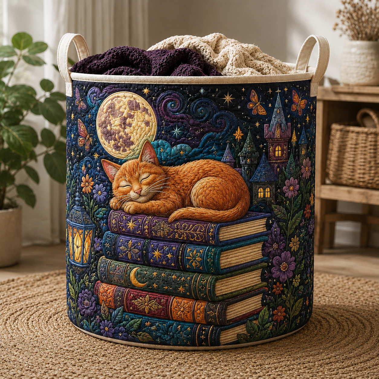 Orange Cat Quilted Laundry Basket, Dark Academia Hamper, Gothic Decor