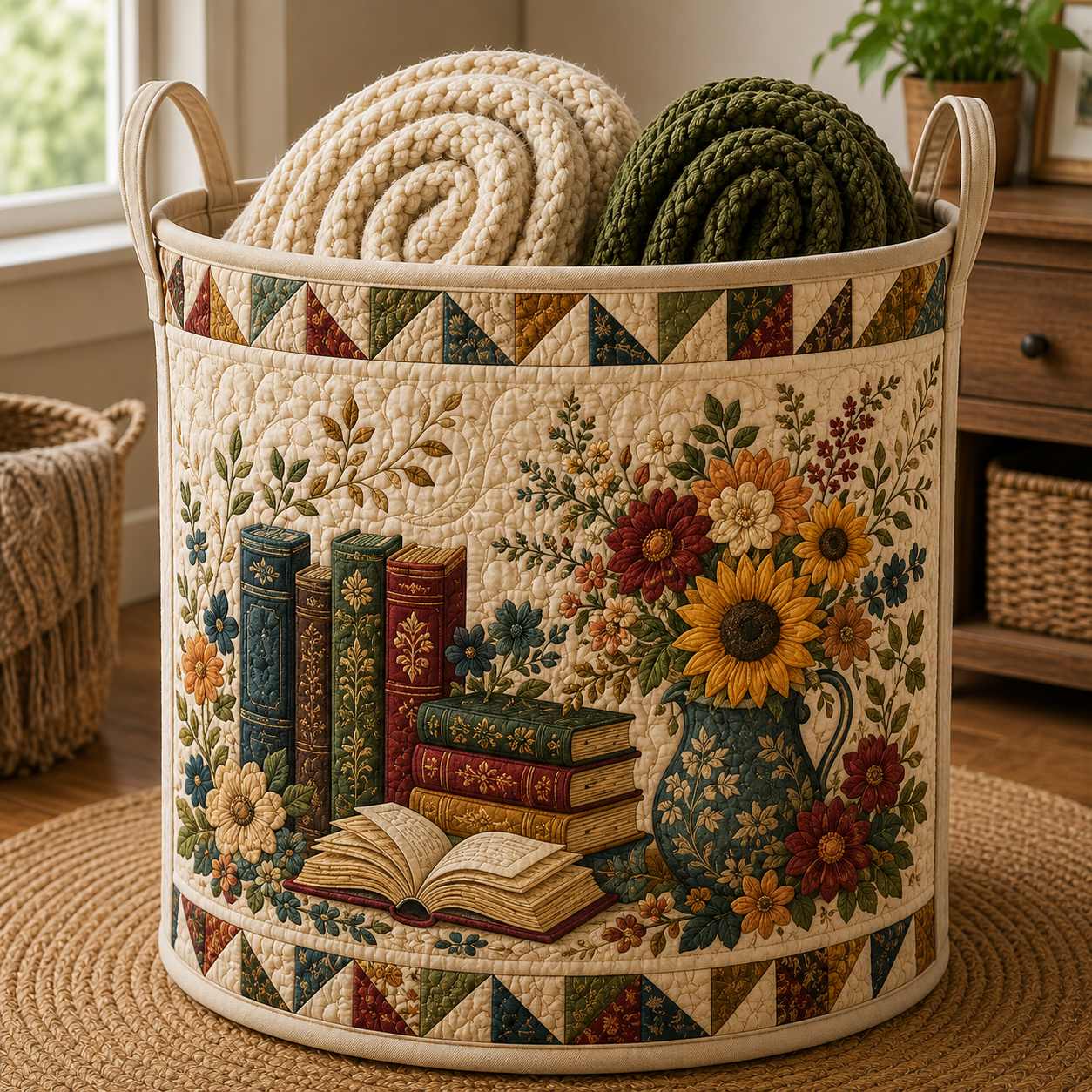 Floral Book Quilted Laundry Bag, Literary Gift, Reader Decor