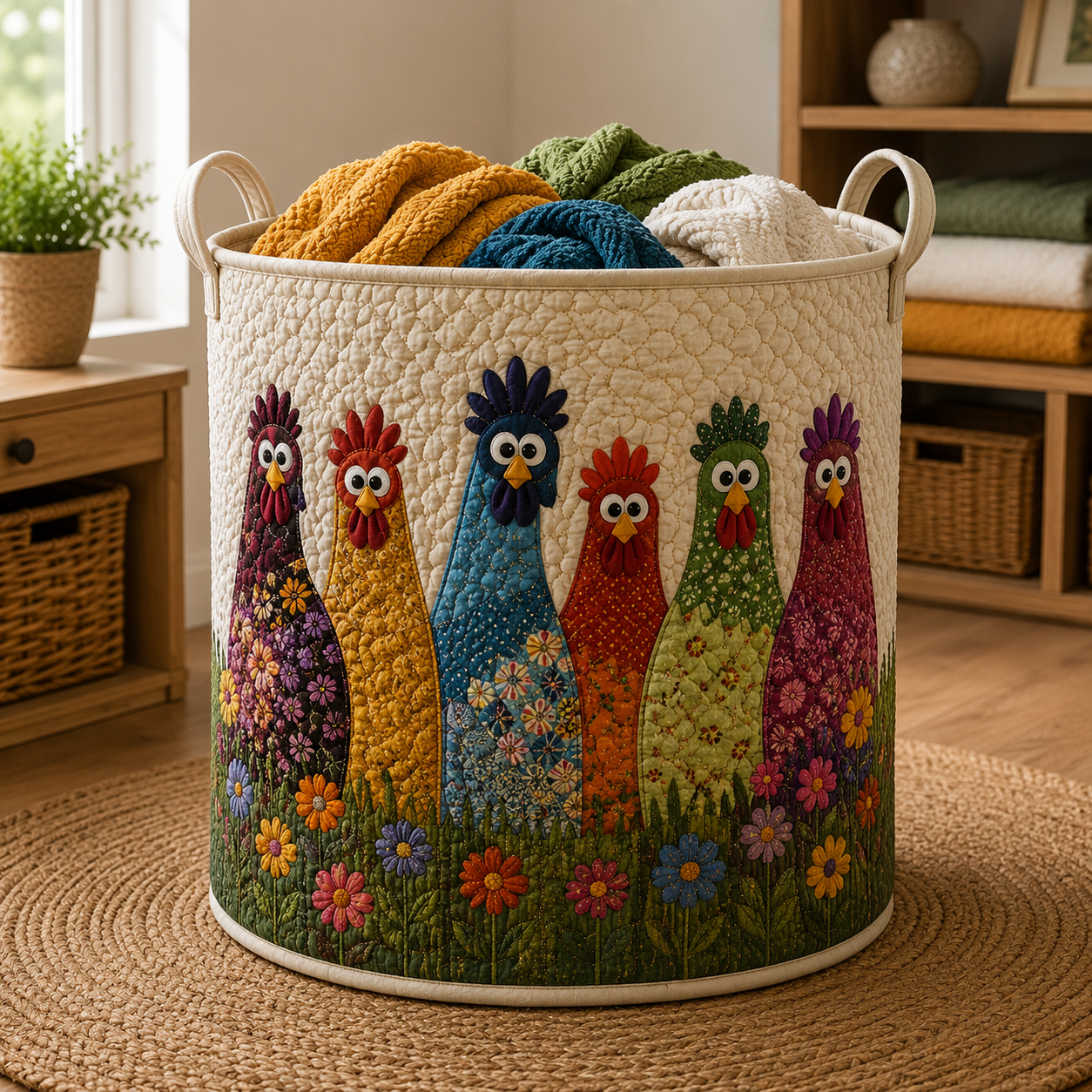 Chicken Quilted Laundry Basket, Colorful Hen Storage Hamper, Farmhouse Chicken Organizer, Floral Rooster Decor, Country Home Gift SRD-4XM58