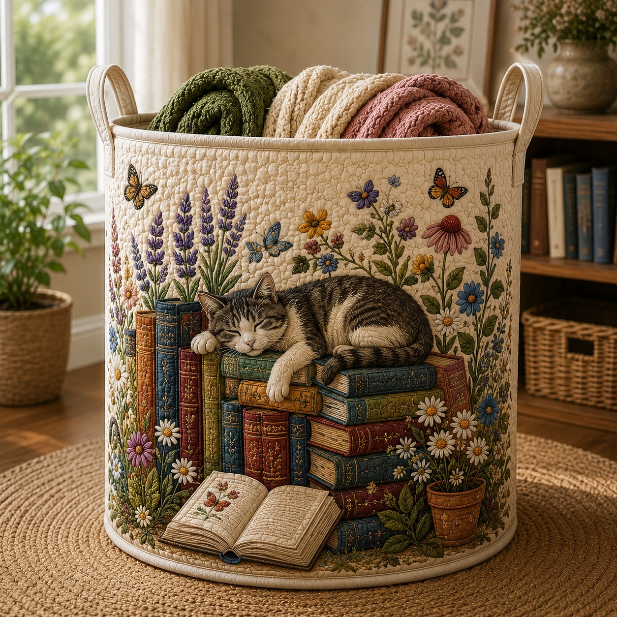 Cat Book Floral Quilted Laundry Basket, Cottagecore Gift for Her