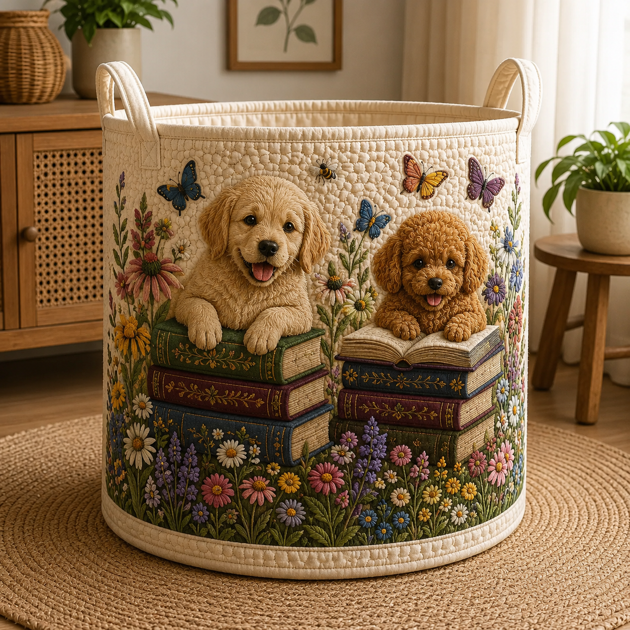 Floral Dog Quilted Laundry Basket, Cottagecore Book Lover Decor