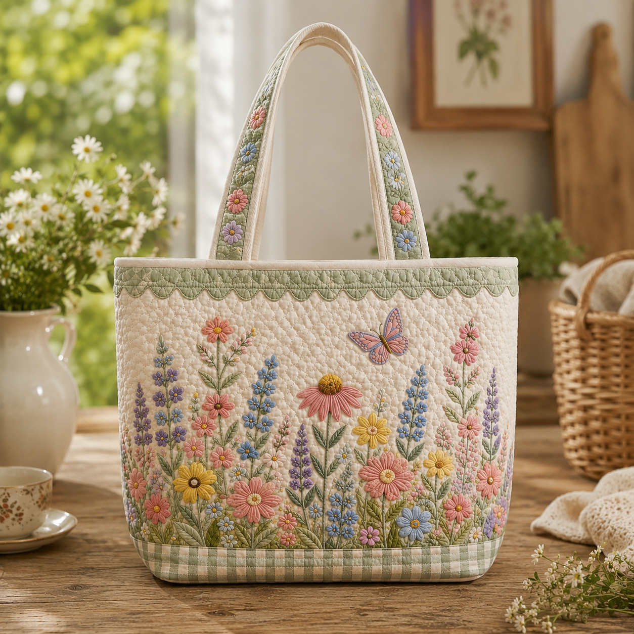 Spring Wildflower Quilted Tote, Botanical Floral Market Bag, Gift for Her