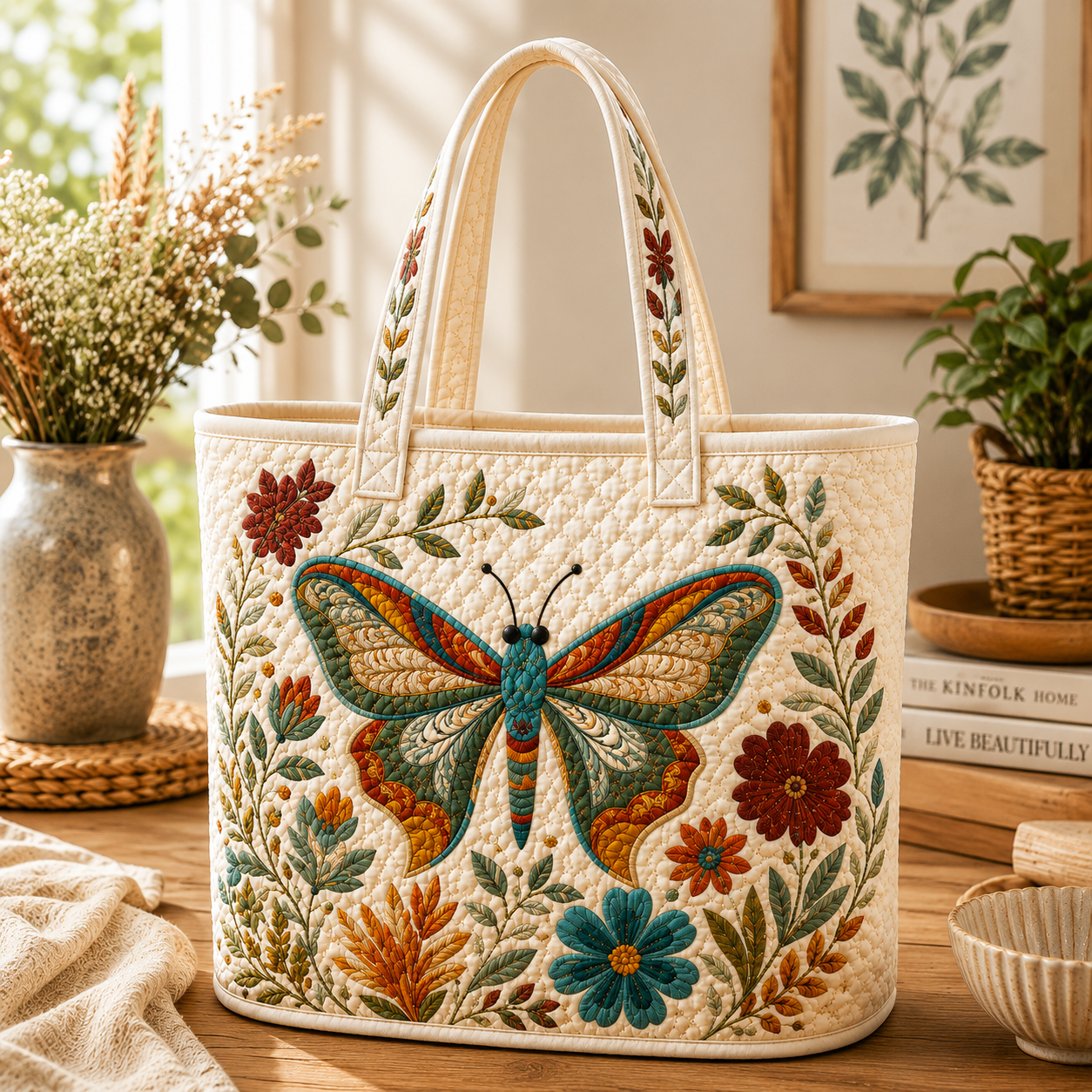 Butterfly Garden Quilted Tote Bag, Cottagecore Floral Gift for Her