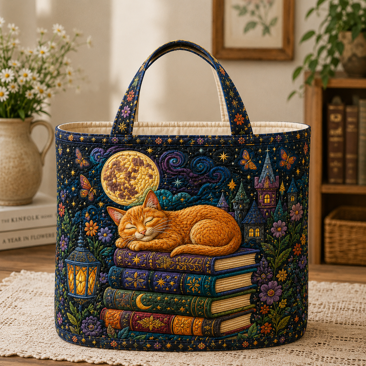 Orange Cat Book Lover Quilted Tote, Bookish Cat Mom Gift, Library Bag