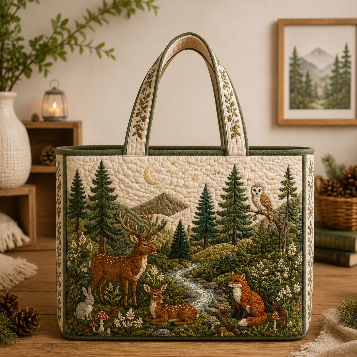 Woodland Forest Quilted Tote Bag, Nature Inspired Tote, Forest Animals Bag, Cottagecore Shoulder Purse SRD-BXM23